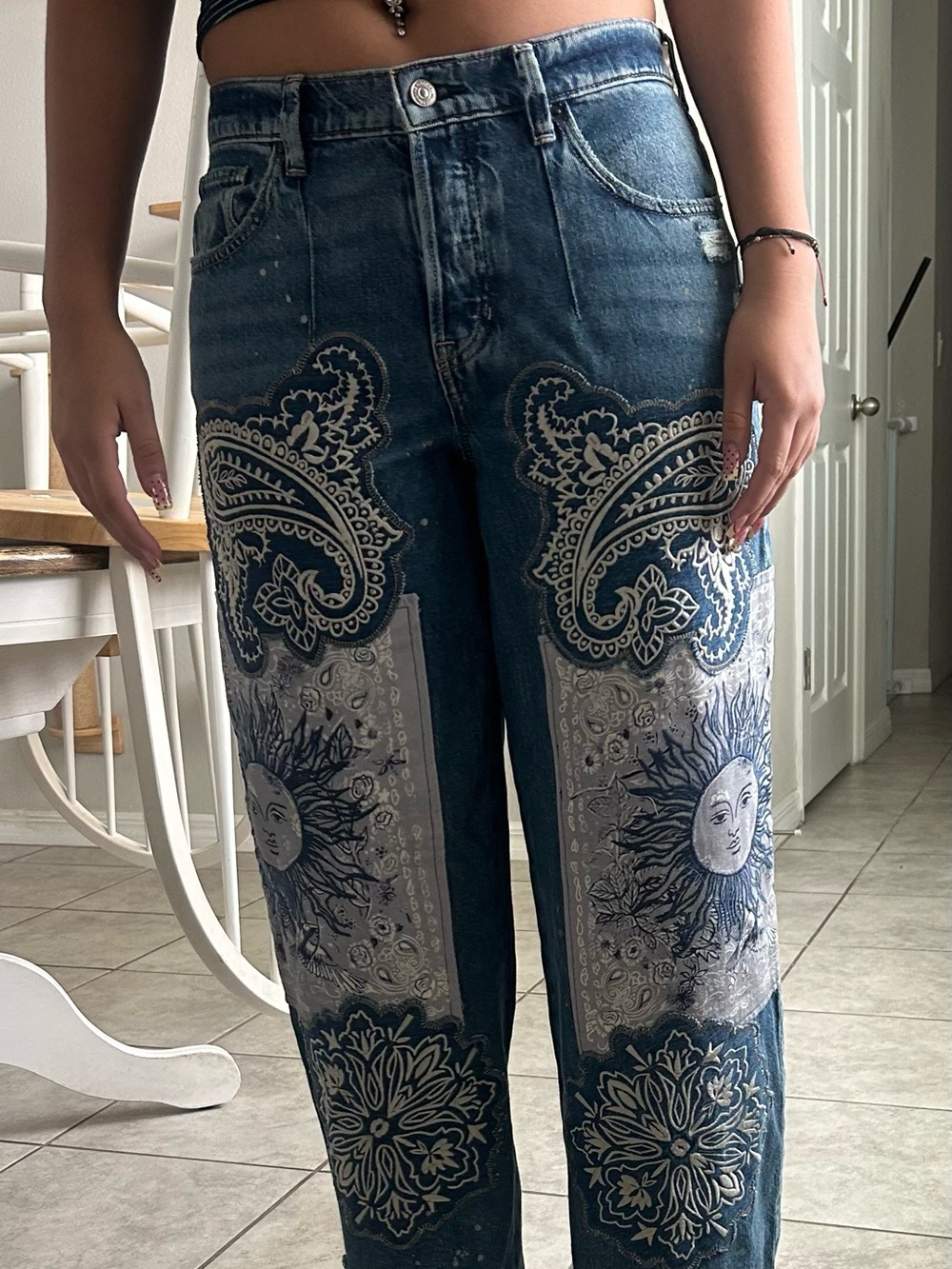 Free People Blue Patchwork Paisley & Sun Wide-Leg Jeans - Picture 4 of 7